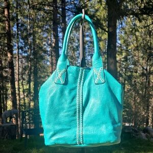 Turquoise Vegan Leather And Suede Tote Bag
